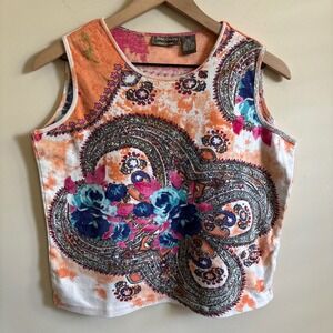 Jane Ashley Tie Dye Paisley Floral Rhinestone Tank Top Orange Pink Medium